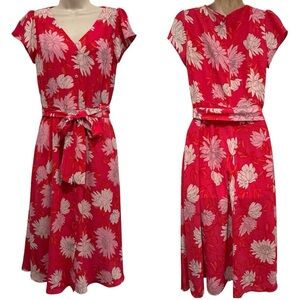 Talbots Belted Midi Shirtdress Sz 4 Chrysanthemum Red Floral Fit & Flare Pockets